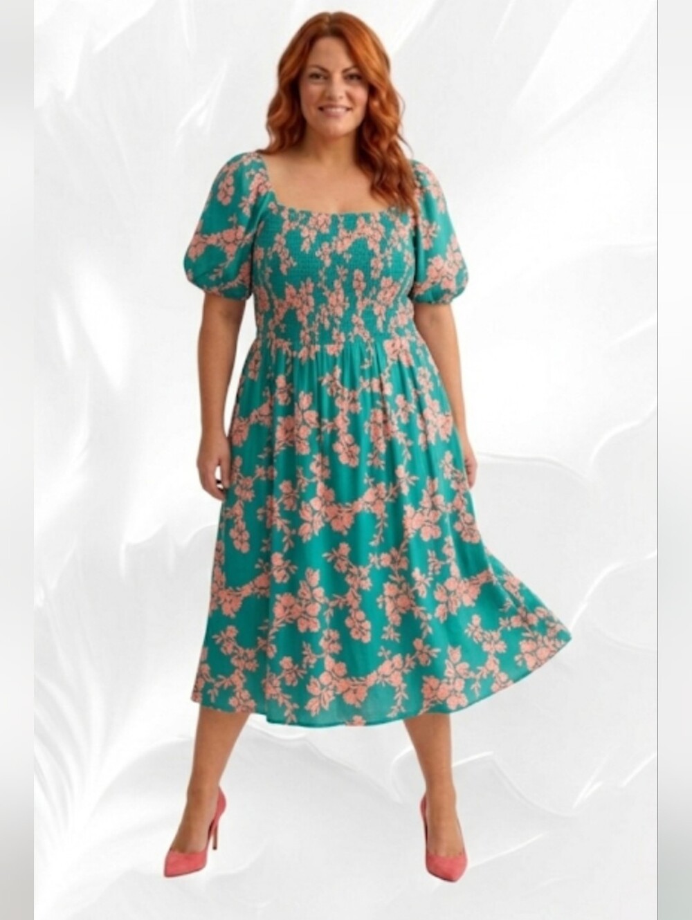 Nwot J. Crew Teal Floral Smocked Midi Dress with Puff Sleeves Sz Xl